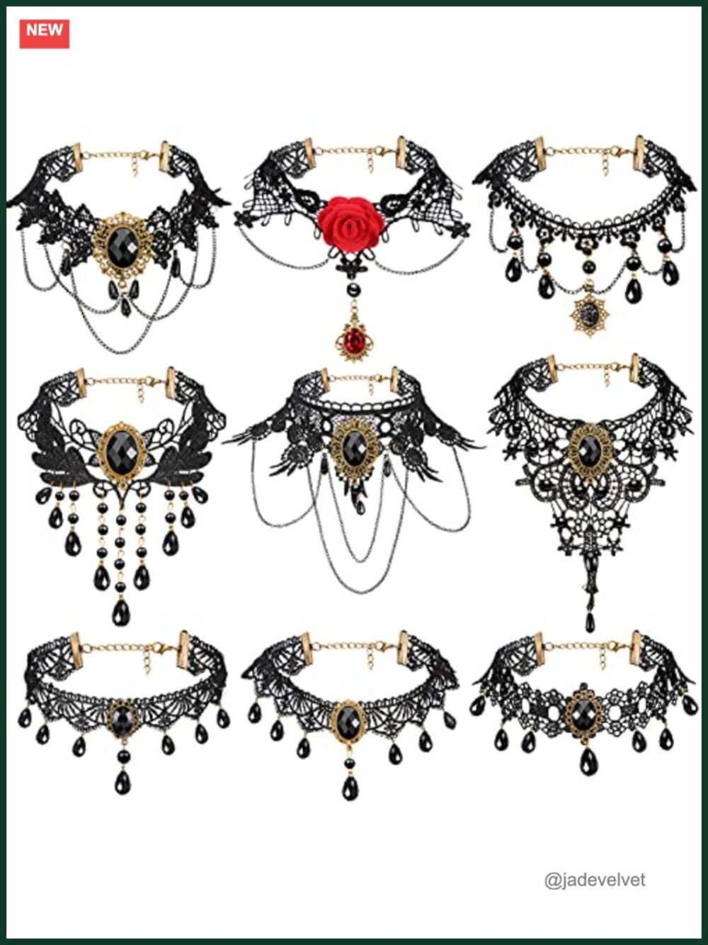9 Pc Gothic Lace Choker Necklace Set Rose Spiderweb Filigree